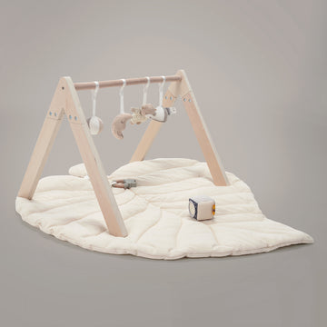 Organic Baby Playmat with Wooden Gym Toy Set, Moon and Star Theme - White