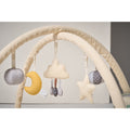 5 hanging toys on the playmat gym.
