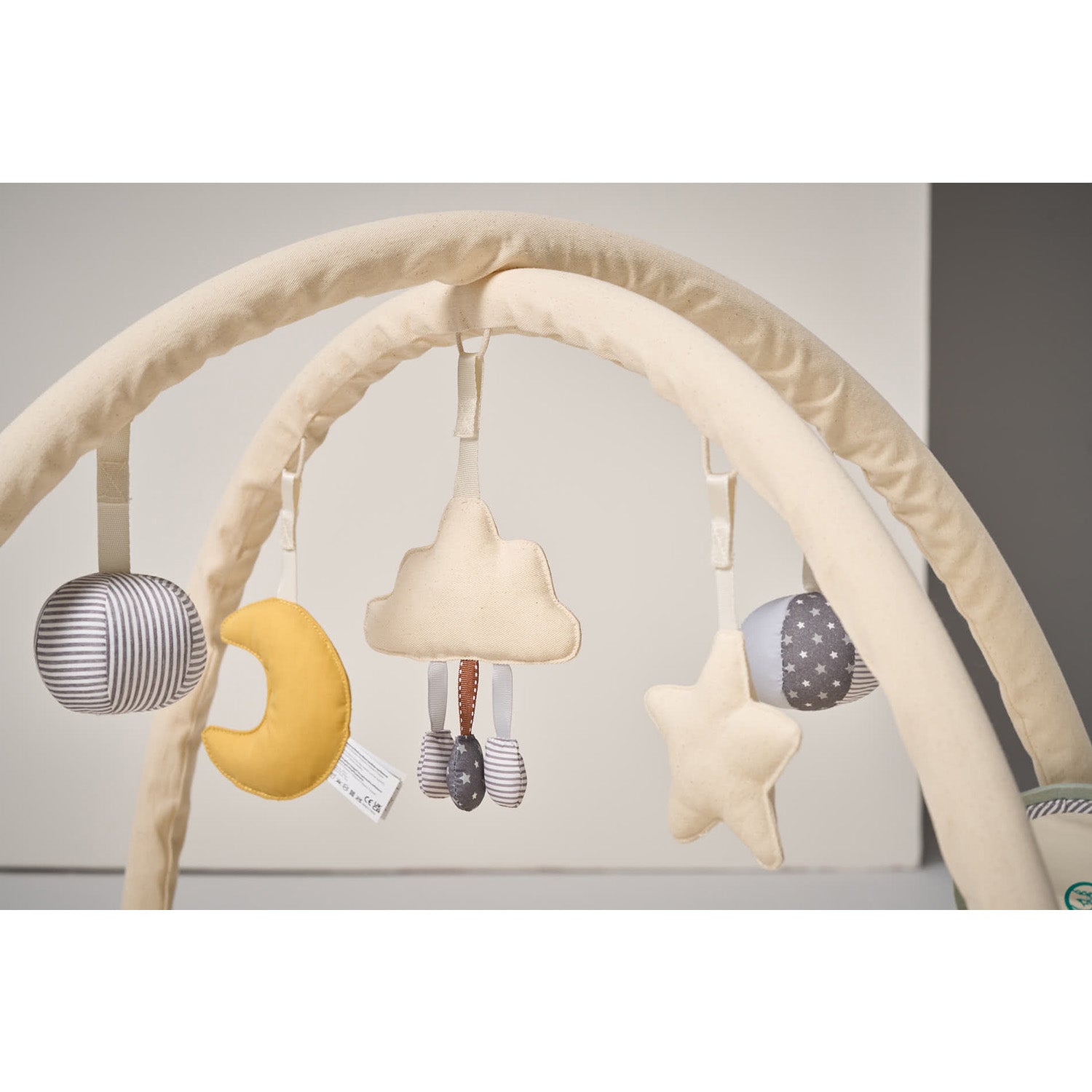 5 hanging toys on the playmat gym.