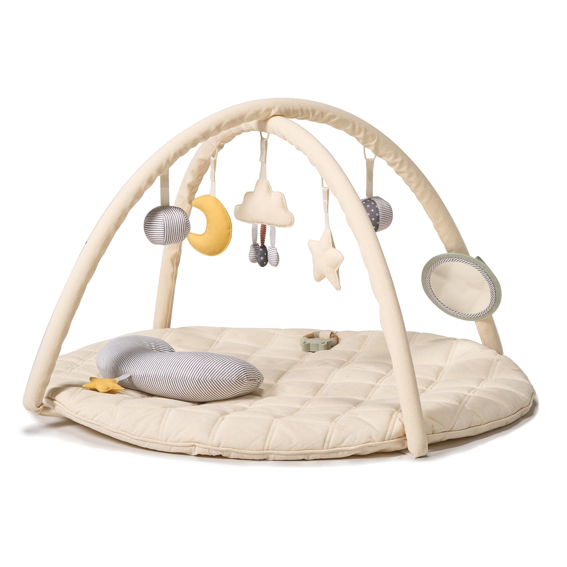 Baby play gym with hanging toys on a white background