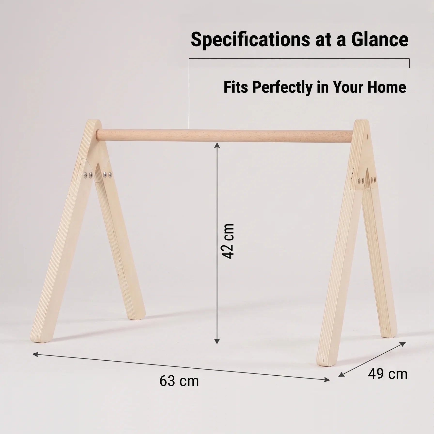 A product dimension diagram showing the wooden play frame with overlaid text and arrows indicating a length of 63 cm, an assembled height of 42 cm, and a base width of 49 cm.