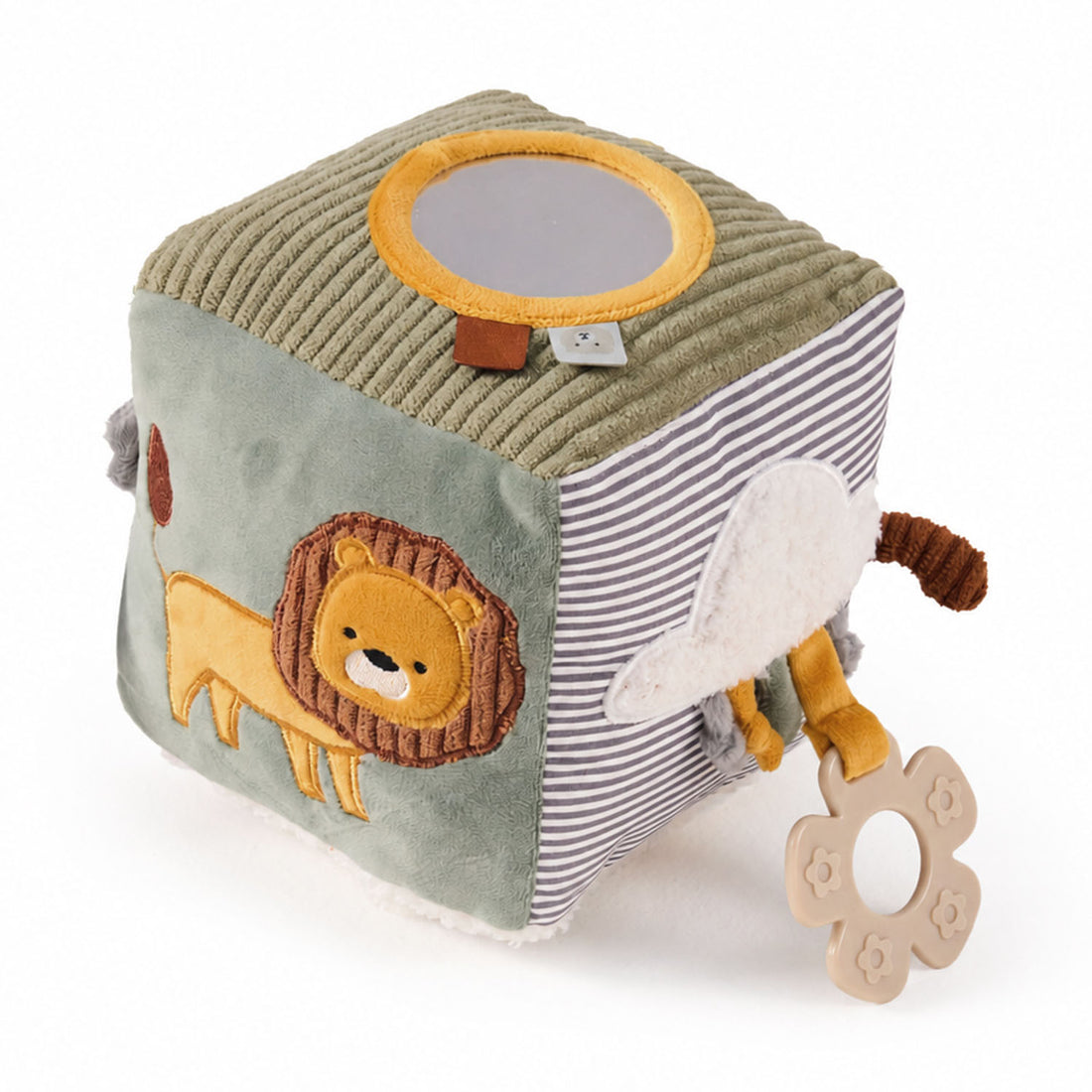 Main view of the MiniDream Jungle Soft Activity Cube for babies, featuring a plush lion face, a top mirror, and an attached soothing teether ring.
