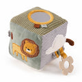Main view of the MiniDream Jungle Soft Activity Cube for babies, featuring a plush lion face, a top mirror, and an attached soothing teether ring.
