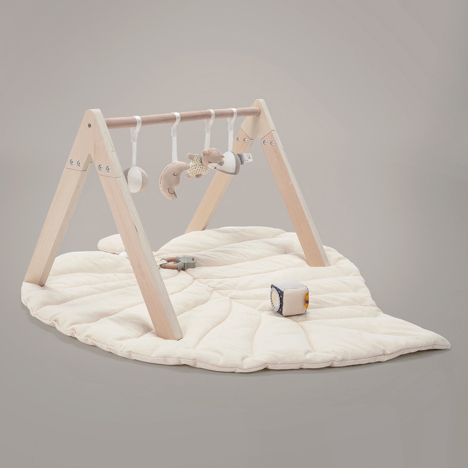 Organic Baby Playmat with Wooden Gym Toy Set, Moon and Star Theme - White