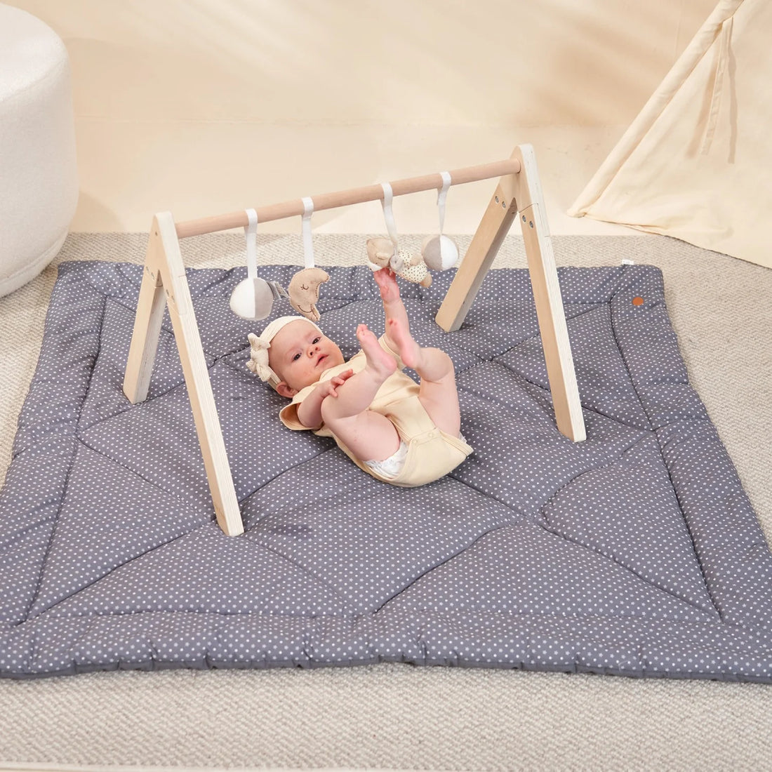 MiniDream Baby Play Gym Mat - Large Square Playmat & Wooden Gym