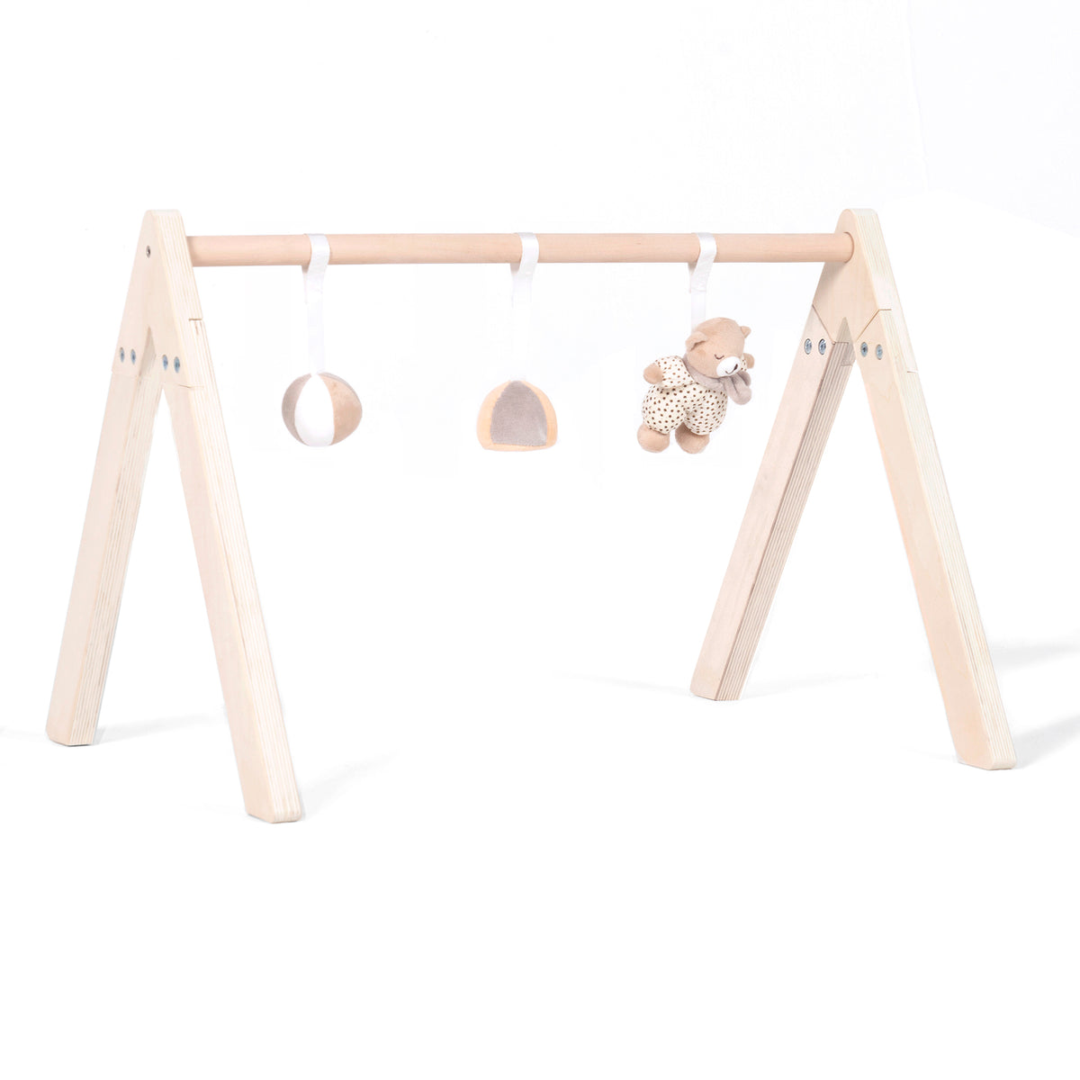 Wooden play gym with 3 hanging toys for babies.